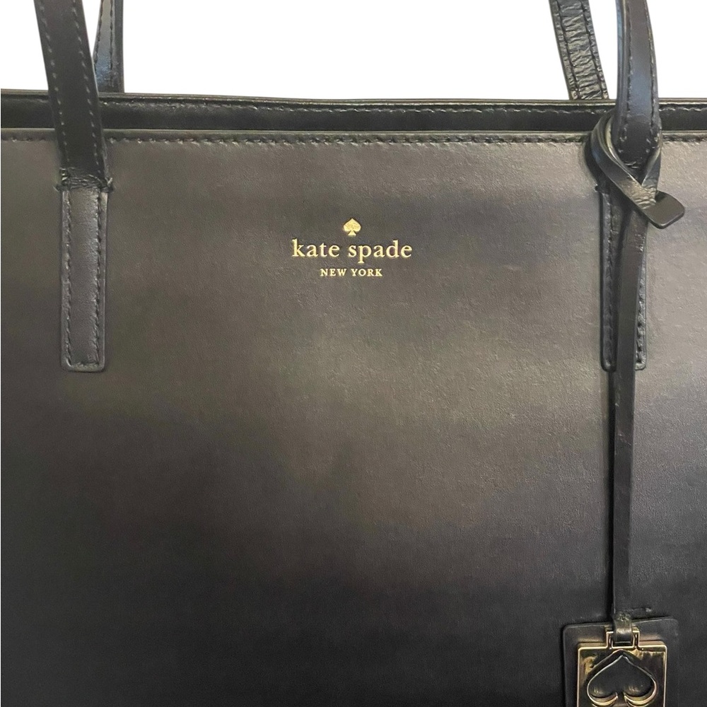 KATE SPADE Black Leather Medium Tote w Spade Bag Charm - Picture 3 of 15